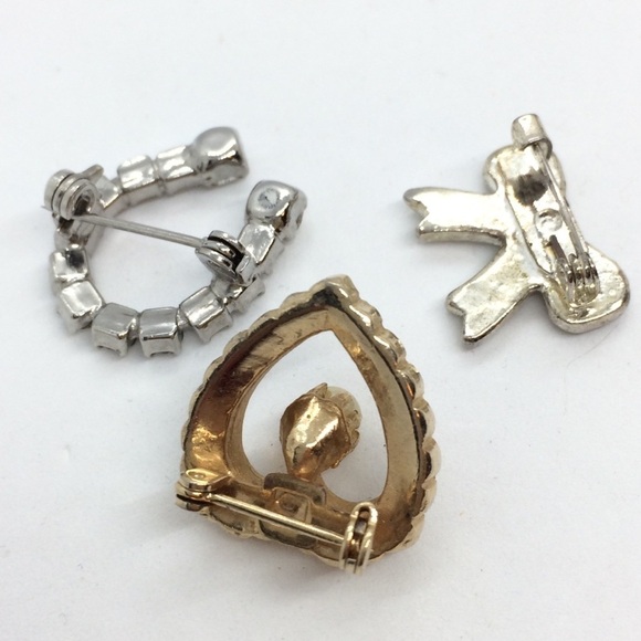 3/$30 BUNDLE VINTAGE HEART BOW HORSESHOE RHINESTONE PINS SET 3 SILVER GOLD TONE - Picture 6 of 6